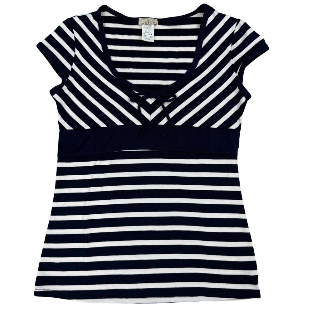 VTG‎ Y2K Lotus USA Striped Empire Waist Cap Sleeve Babydoll Top Large Bow Detail